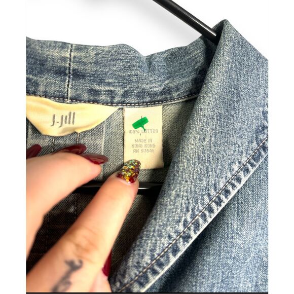 J. Jill 100% cotton crochet patchwork button front lace top sz L boho denim cott - Picture 7 of 7